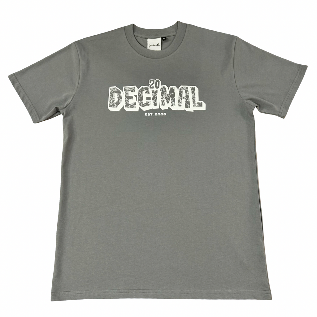 Gray t-shirt with '20 Decimal' text on a white background